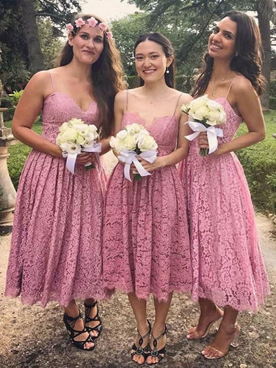 Tea Length Spaghetti Straps Lace bridesmaid Dresses