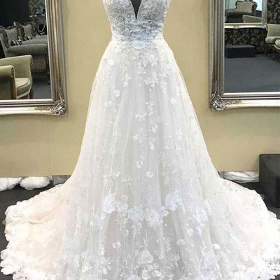 Double spaghetti straps wedding dresses with appliques lace - Thumbnail 4