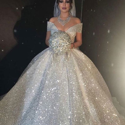 Sparkly off the shoulder wedding dresses bridal gown - Thumbnail 4