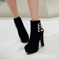 Buckle Design Suede High Heels Ankle Boots in Red and Black - Thumbnail 3