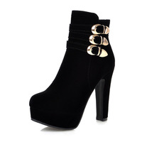 Buckle Design Suede High Heels Ankle Boots in Red and Black - Thumbnail 4