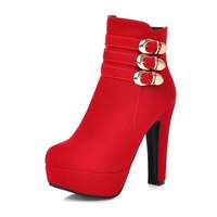 Buckle Design Suede High Heels Ankle Boots in Red and Black - Thumbnail 1