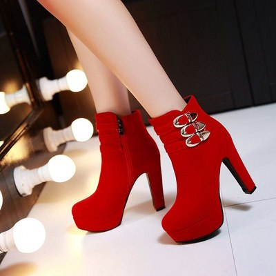 Buckle design suede high heels ankle boots in red and black