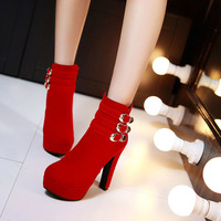 Buckle Design Suede High Heels Ankle Boots in Red and Black - Thumbnail 2