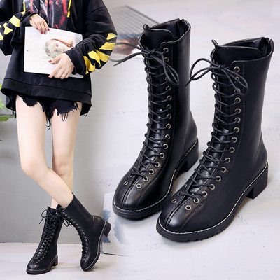 Black lace up mid calf boots