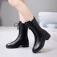 Black Lace up Mid Calf Boots - Thumbnail 1