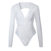 Deep V Neck Cut Out Lace Long SLeeve Bodysuit - Thumbnail 2