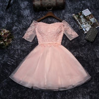 Pink tulle lace short prom dress, lace evening dress - Thumbnail 1