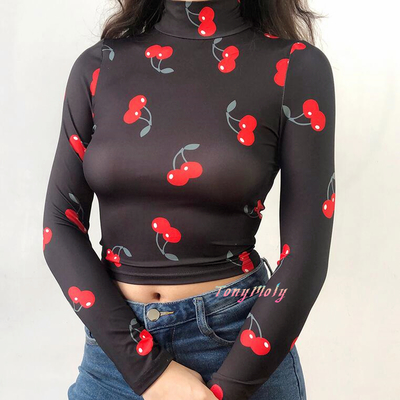 High Collar Cherry Printed Top