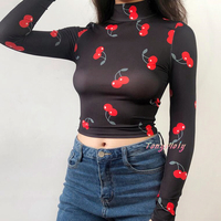 High Collar Cherry Printed Top - Thumbnail 1