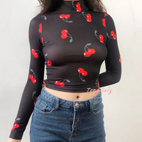 High Collar Cherry Printed Top - Thumbnail 2