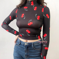 High Collar Cherry Printed Top - Thumbnail 3