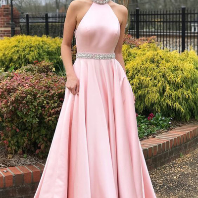 A line halter satin pink long prom dresses with pockets, beaded formal evening party dresses - Thumbnail 5