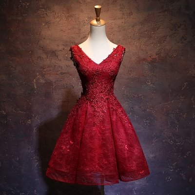 Burgundy v neck tulle lace short prom dress, homecoming dress - Thumbnail 5