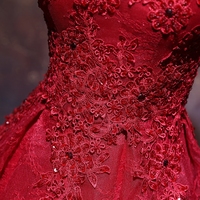 Burgundy v neck tulle lace short prom dress, homecoming dress - Thumbnail 1