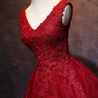 Burgundy v neck tulle lace short prom dress, homecoming dress - Thumbnail 2