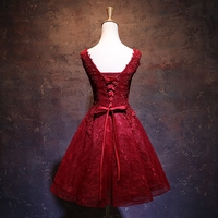 Burgundy v neck tulle lace short prom dress, homecoming dress - Thumbnail 4