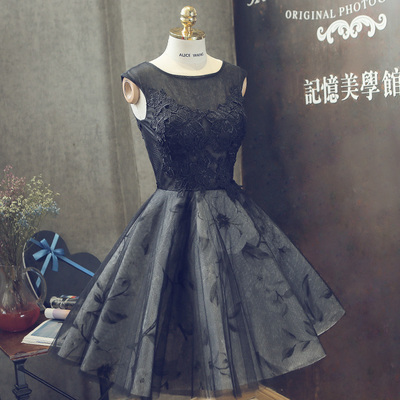 Black round neck lace short prom dress, homecoming dress - Thumbnail 5