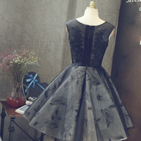 Black round neck lace short prom dress, homecoming dress - Thumbnail 1