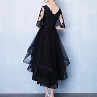 Black v neck tulle lace short prom dress, evening dress - Thumbnail 2