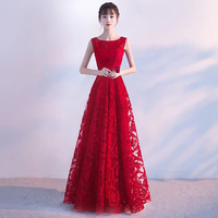 Burgundy round neck long prom dress, evening dress - Thumbnail 2