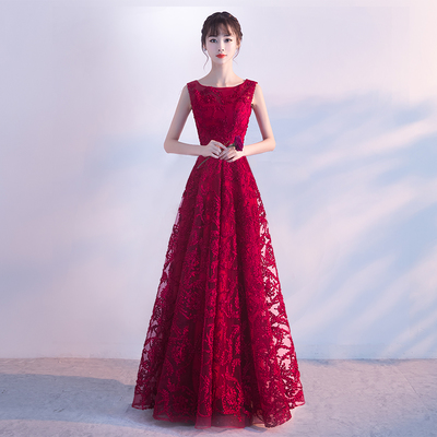 Burgundy round neck long prom dress, evening dress - Thumbnail 5