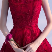 Burgundy round neck long prom dress, evening dress - Thumbnail 1