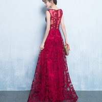 Burgundy round neck long prom dress, evening dress - Thumbnail 4