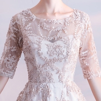 Champagne round neck tulle long prom dress, evening dress - Thumbnail 1