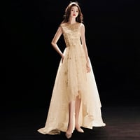 Gold tulle sequins long prom dress, evening dress - Thumbnail 1
