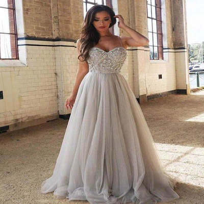 Spaghetti straps light gray long prom dresses with beaded - Thumbnail 5