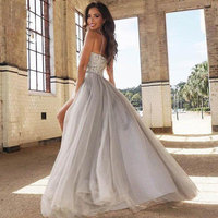 Spaghetti Straps Light Gray Long Prom Dresses with Beaded - Thumbnail 1