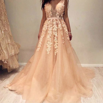 V Neck V Back Prom Dresses with Appliques for Women