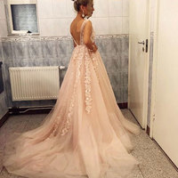 V Neck V Back Prom Dresses with Appliques for Women - Thumbnail 1