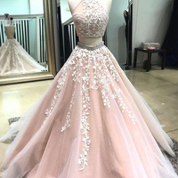 Ball Gown Halter White Lace Two Piece Prom Dresses - Thumbnail 1