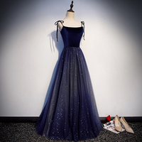 Blue tulle velvet long prom dress, blue evening dress - Thumbnail 1