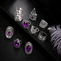 9 Pieces Set Purple Crystal Silver Rings - Thumbnail 3
