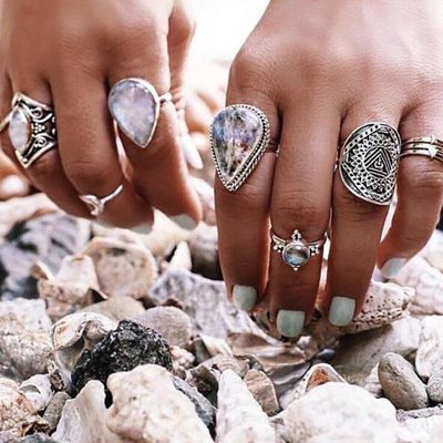 7 pieces set antiuqe silver water drop rings - Thumbnail 4
