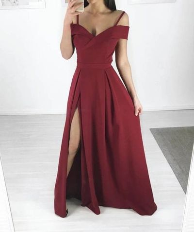 Simple Off the Shoulder Split Burgundy Long Prom Dresses, Elegant Evening Dresses