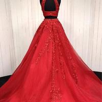 Ball Gown Two Piece Halter Red Lace Long Prom Dresses, 2019 Prom Dresses with Beading - Thumbnail 1