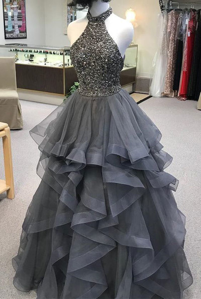 Halter Gray Beaded Prom Dresses for Women