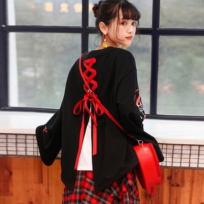 Japanese harajuku kawaii lace up black t-shirt top - Thumbnail 4