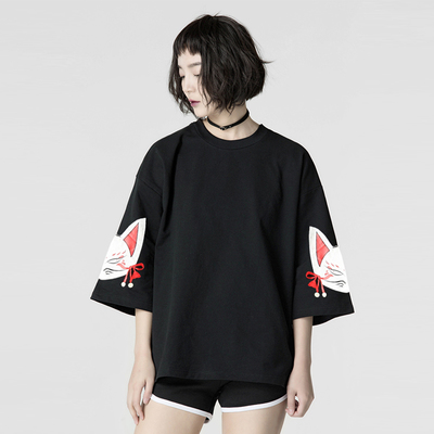 Harajuku kawaii black and white cat print shirt - Thumbnail 3