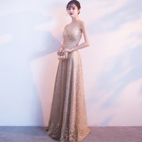 Gold v neck sequins long prom dress, evening dress - Thumbnail 1