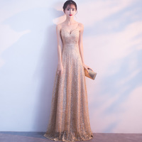 Gold v neck sequins long prom dress, evening dress - Thumbnail 2
