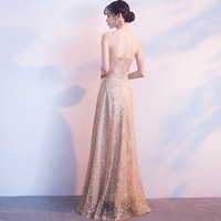 Gold v neck sequins long prom dress, evening dress - Thumbnail 3