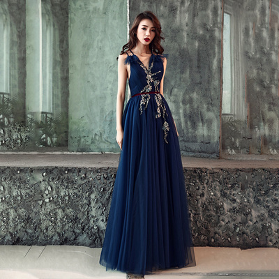 Dark blue v neck tulle long prom dress, blue evening dress - Thumbnail 5