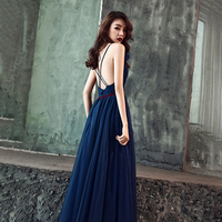 Dark blue v neck tulle long prom dress, blue evening dress - Thumbnail 2