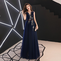 Dark blue v neck tulle long prom dress, blue evening dress - Thumbnail 4