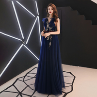 Dark blue v neck tulle long prom dress, blue evening dress - Thumbnail 3